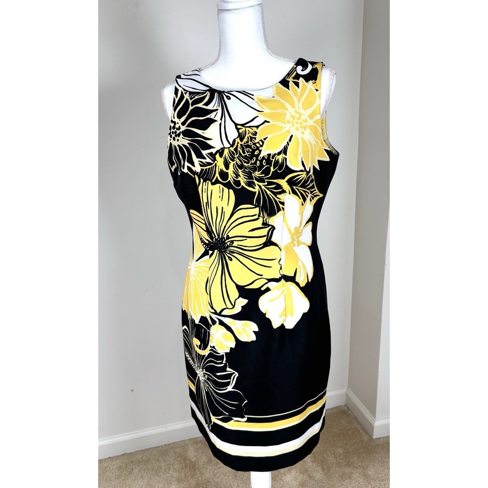 AGB Dress Womens Sheath Dress Black White Floral Scoop Neck Sleeveless Zip 10